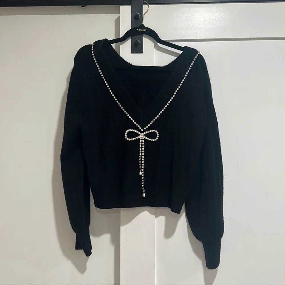 Express Black V-Neck Sweater with Rhinestone Bow - Picture 6 of 7